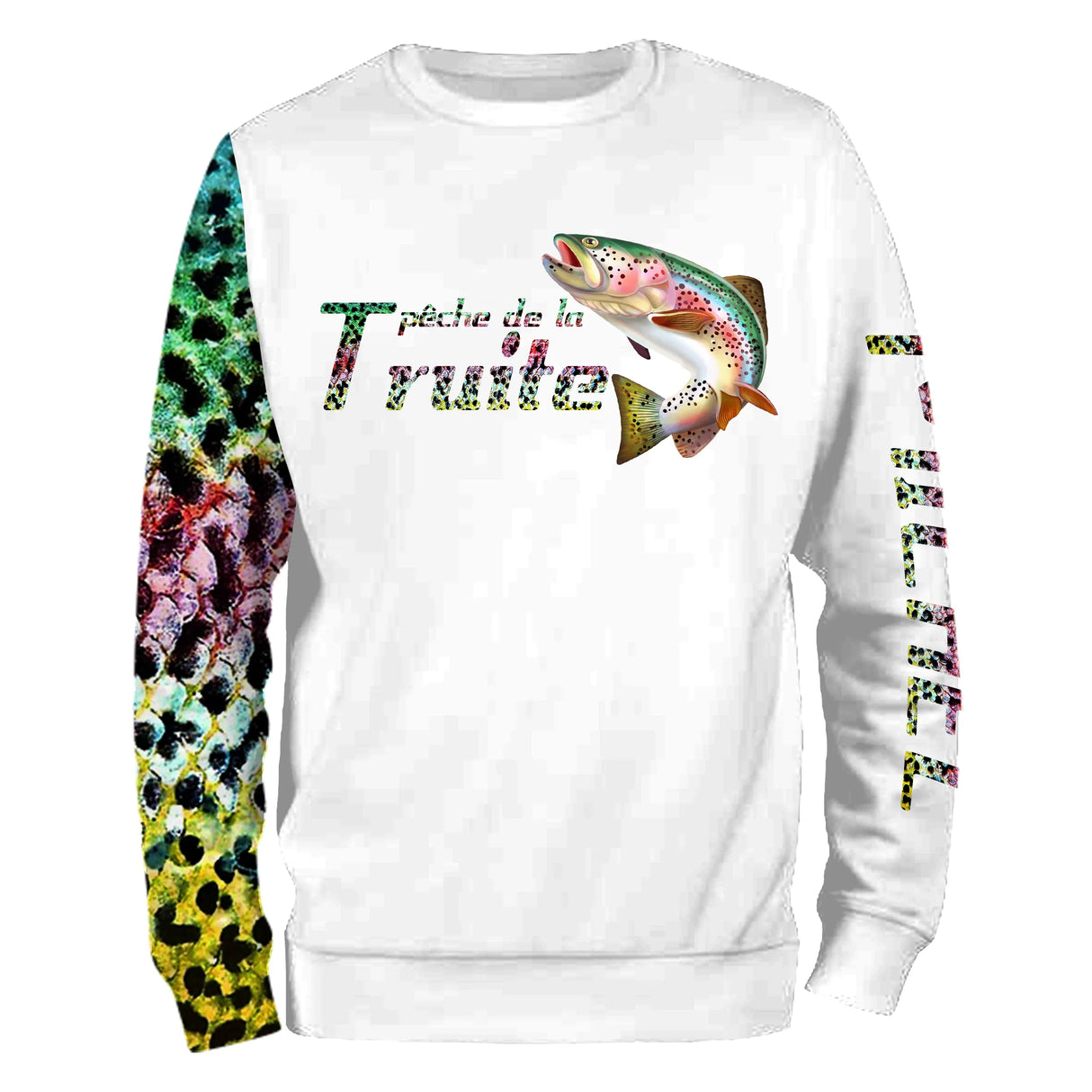 Sweat à capuche pêche truite écailles, manche peau iridescente et illustration arc-en-ciel, vêtement chaud pour pêcheur
