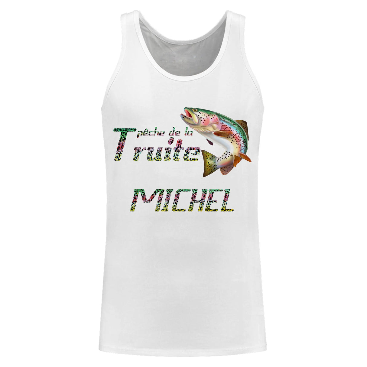 T-shirt halieutique pêche truite écailles, coupe technique respirante, design vibrant multicolore, personnalisable prénom