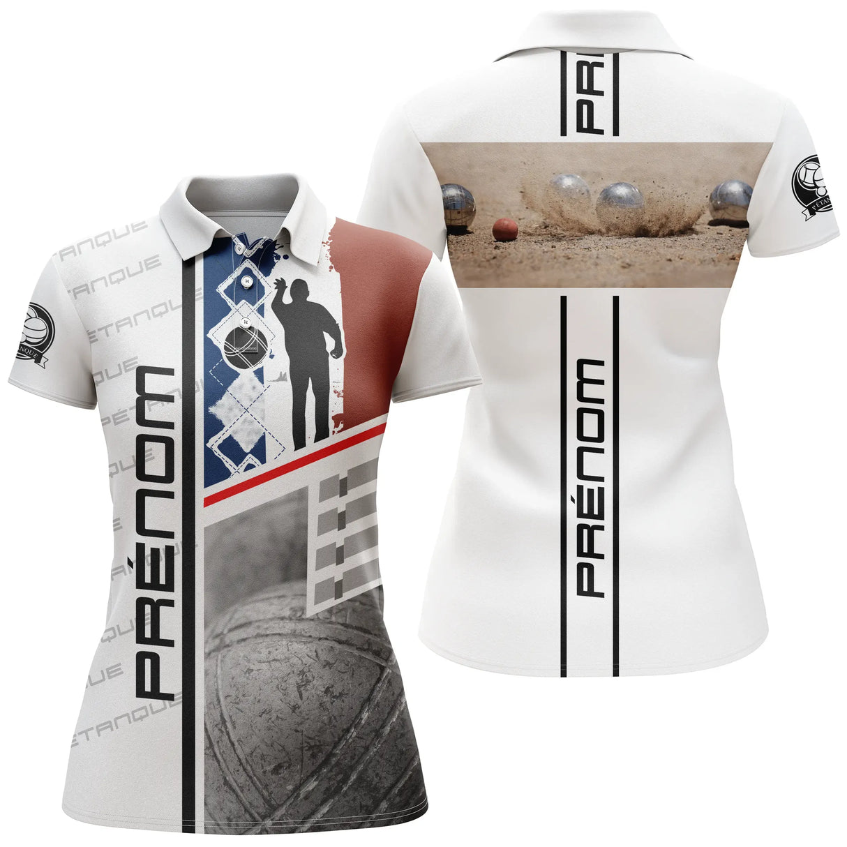 Polo pétanque blanc bleu marine vue dos drapeau tricolore silhouette joueur boules réalistes terre
