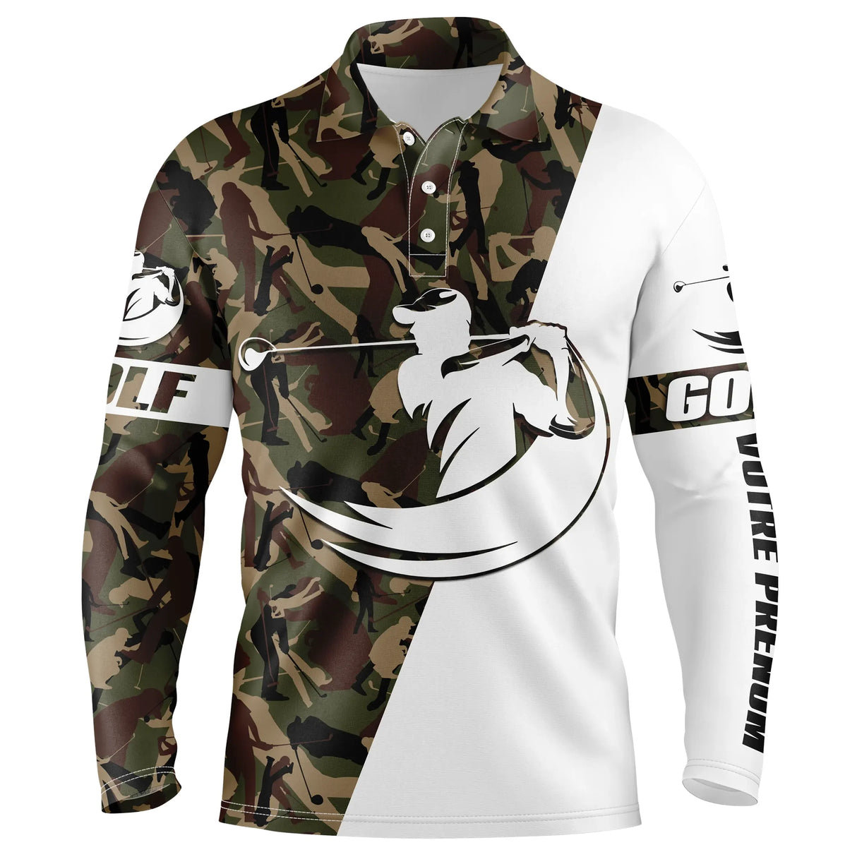 Polo de golf manches longues unisexe camouflage vert kaki et blanc silhouette golfeur emblème central