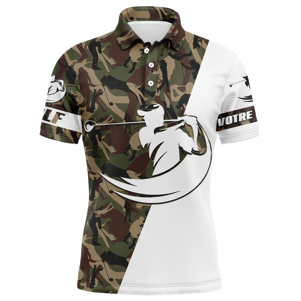 Polo de golf personnalisé homme camouflage vert kaki et blanc avec silhouette golfeur en swing en emblème central