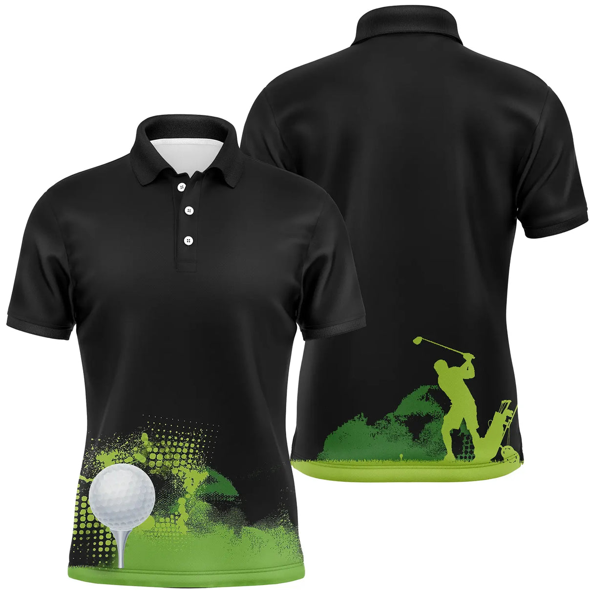 Polo golf noir homme avec motif terrain de golf vert, silhouette golfer en swing et balle blanche