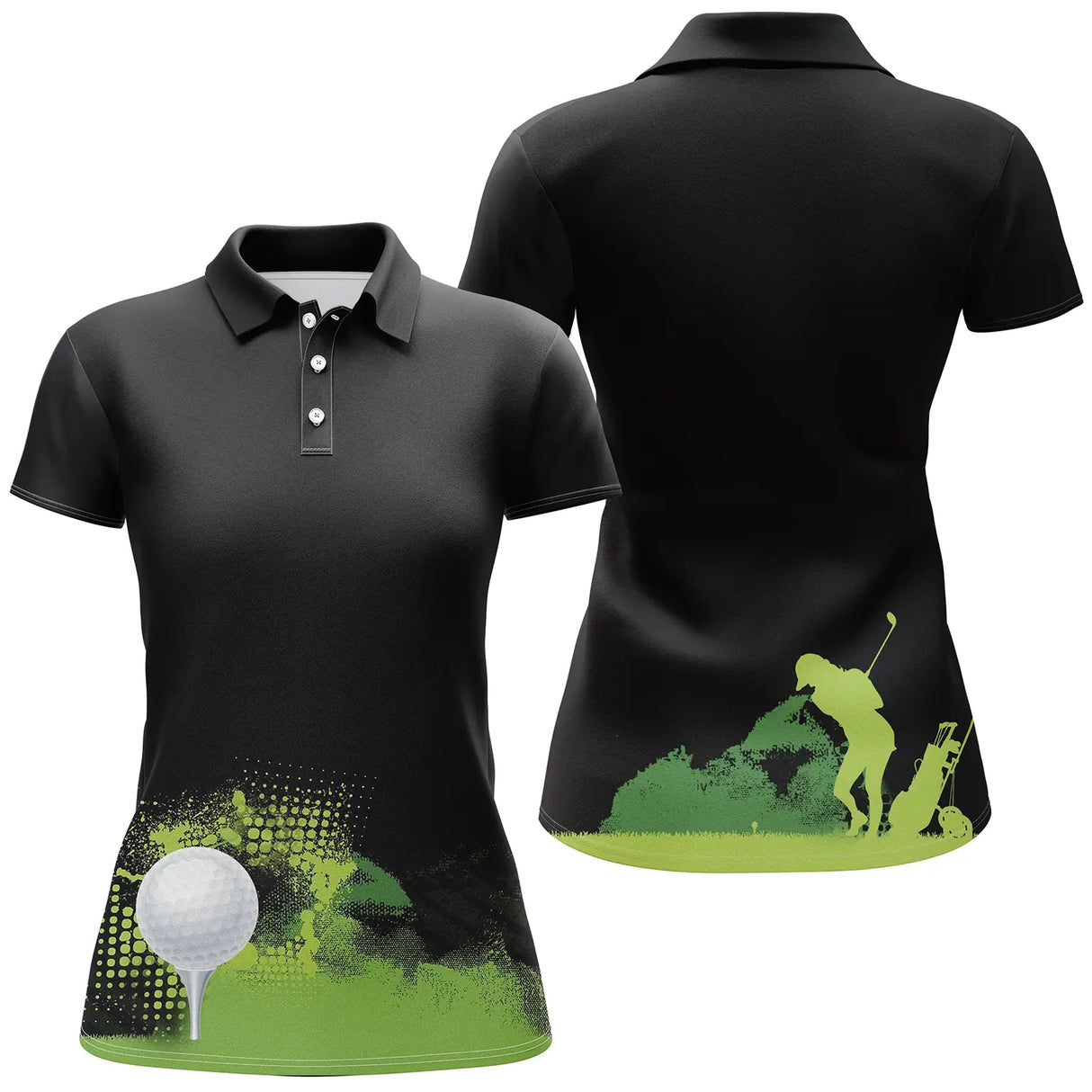Polo golf noir femme avec terrain vert et figure de golfeuse, balle de golf