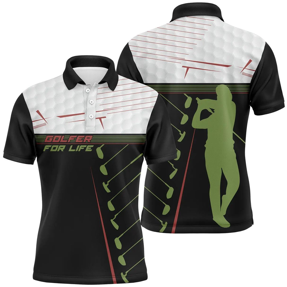 Polo golf noir vert et blanc homme avec inscription GOLFER FOR LIFE et silhouette golfer en swing