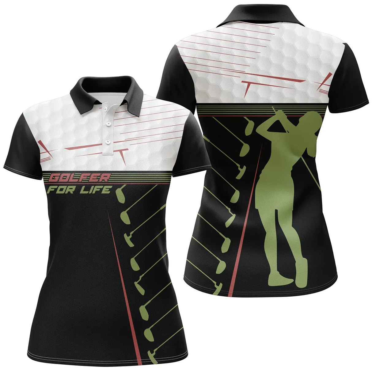 Polo golf noir vert et blanc femme avec motif GOLFER FOR LIFE et figure de golfeuse