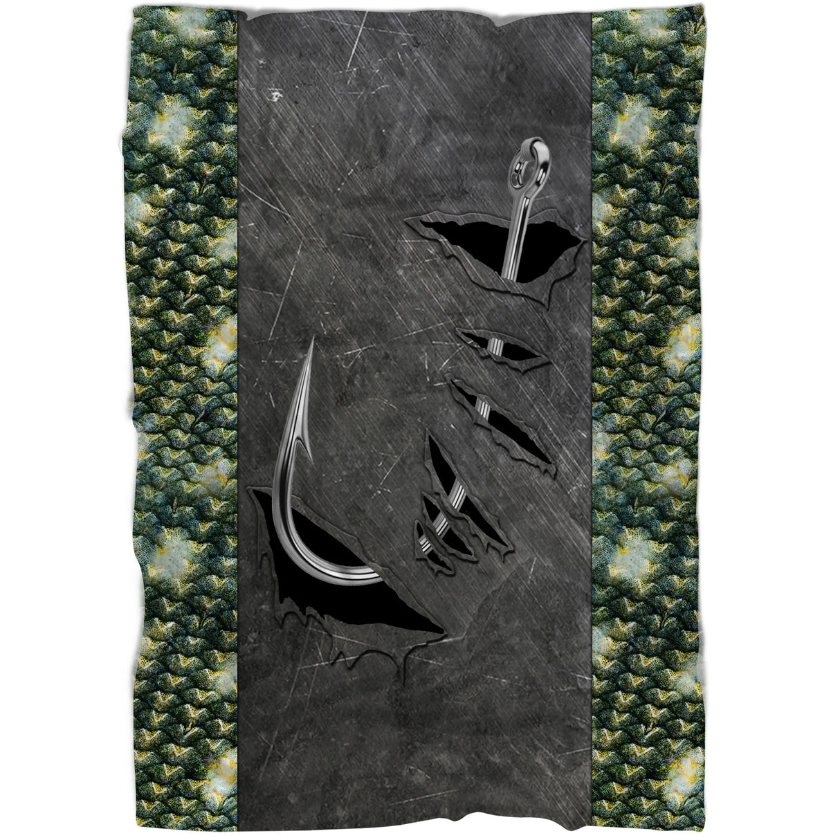 Plaid pêche brochet motif hameçons sur bande gris ardoise et bandes latérales écailles vert sapin et jaune tabac de l esox