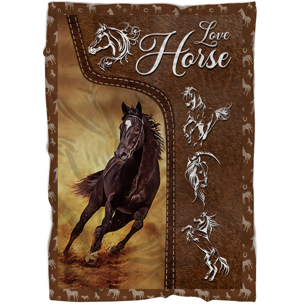 Plaid Love Horse avec illustration cheval brun foncé en course sur fond ocre cuir, silhouettes équines blanches et