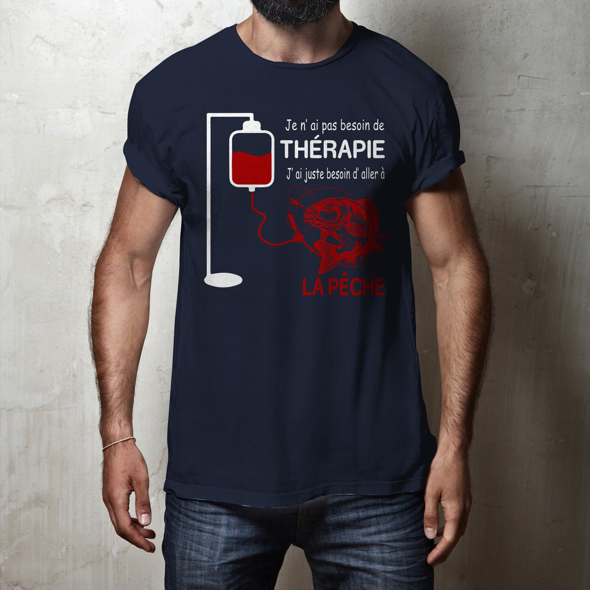 T-shirt bleu marine humour pêche Pas besoin de thérapie aller à la pêche silhouette diable rouge canne