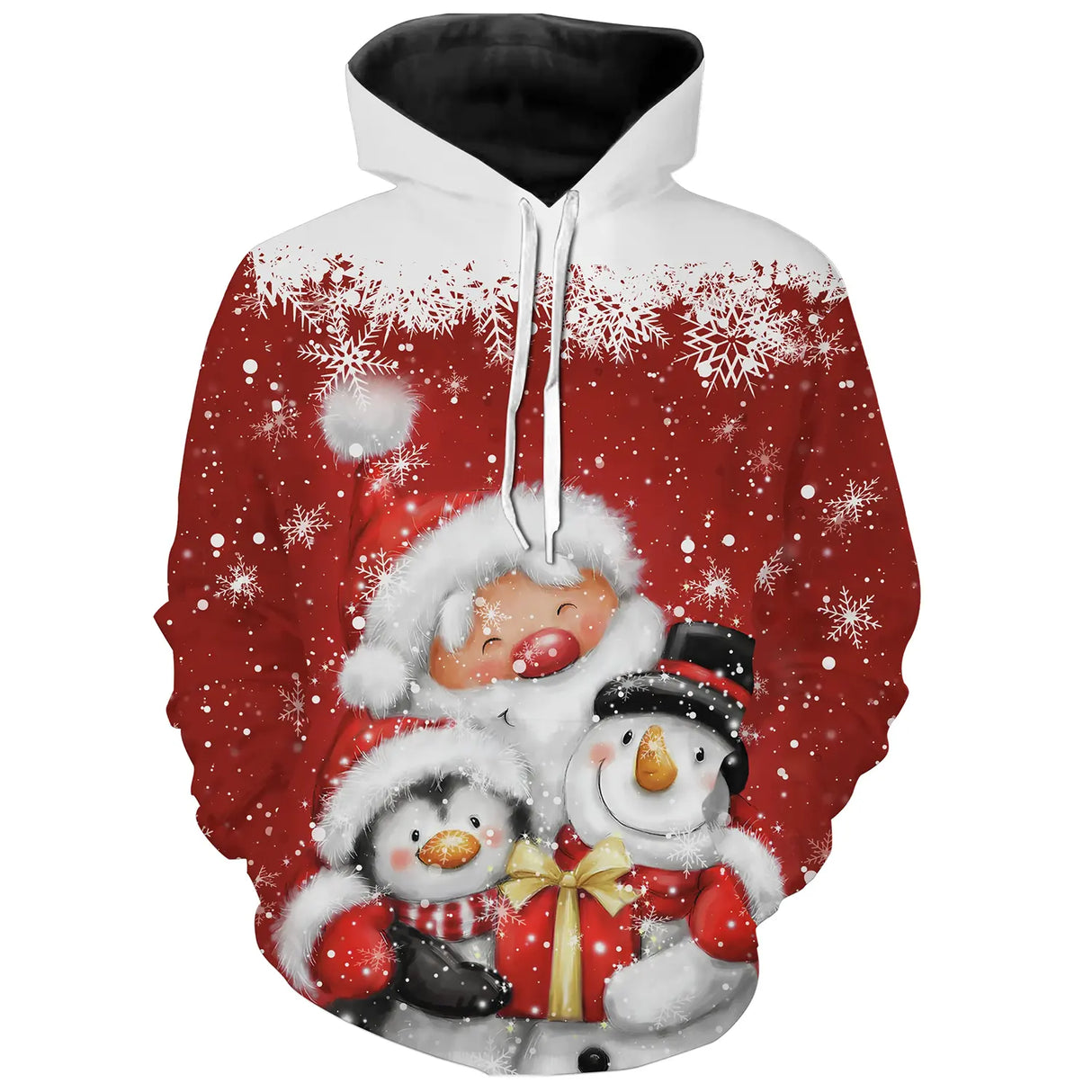 Sweat à capuche Noël rouge unisexe avec Père Noël, bonhomme de neige et pingouin sous flocons