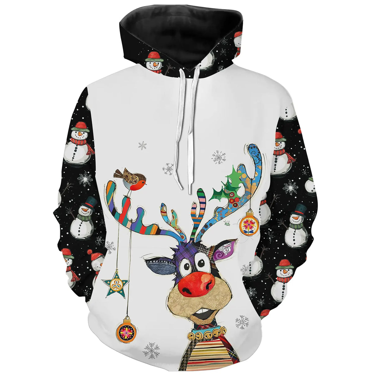 Sweat à capuche Noël blanc et noir unisexe avec renne coloré, bonhommes de neige et décorations hivernales