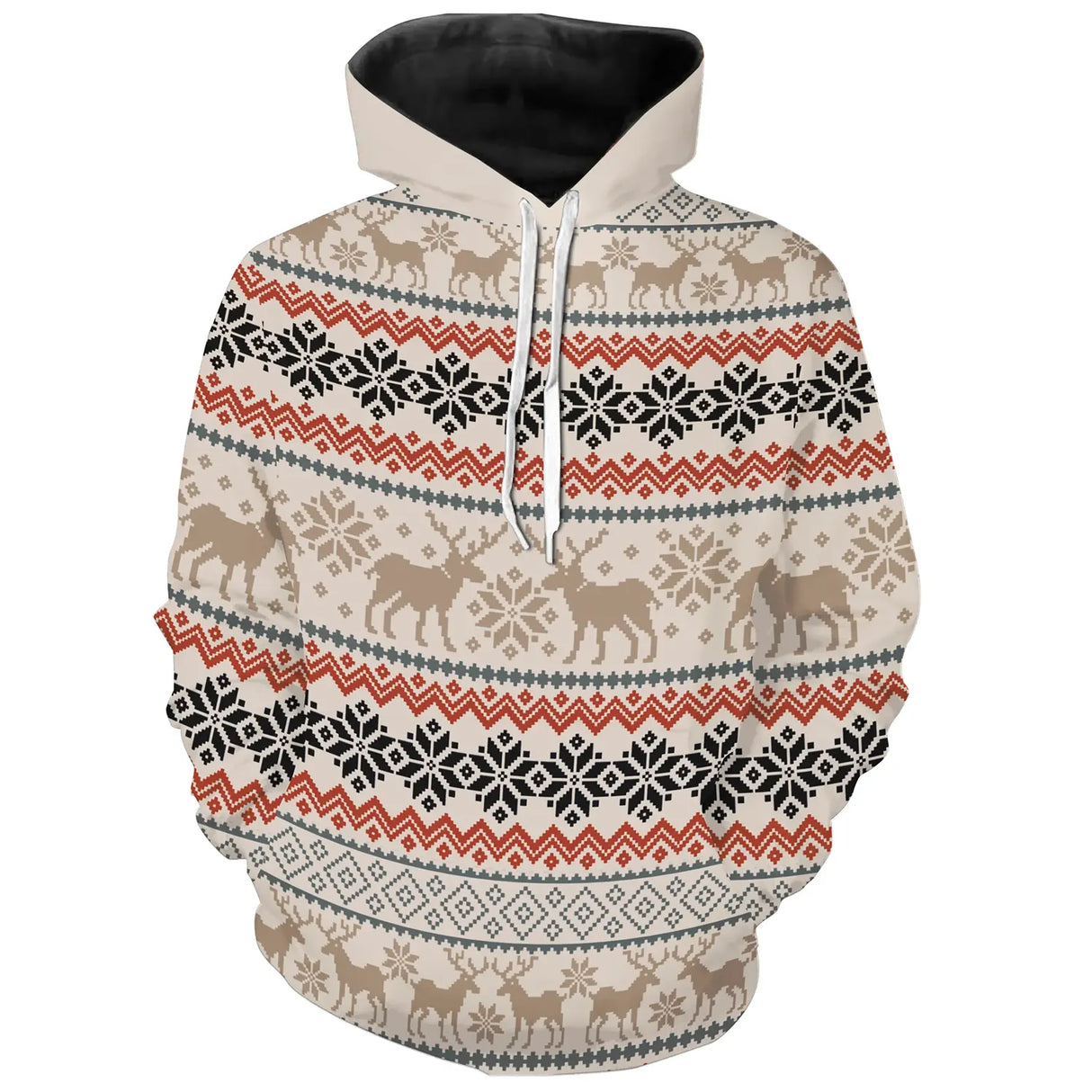 Pull noël variante festive jacquard nordique beige et orange avec motifs rennes et flocons