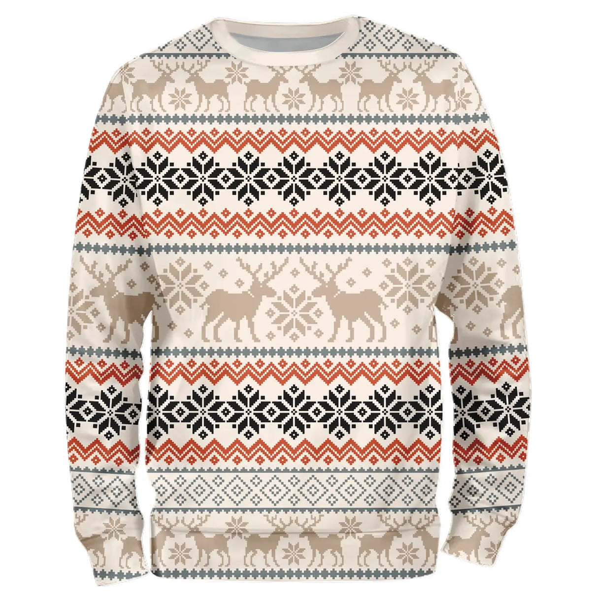 Sweat noël unisexe jacquard nordique beige et orange avec motifs rennes et flocons