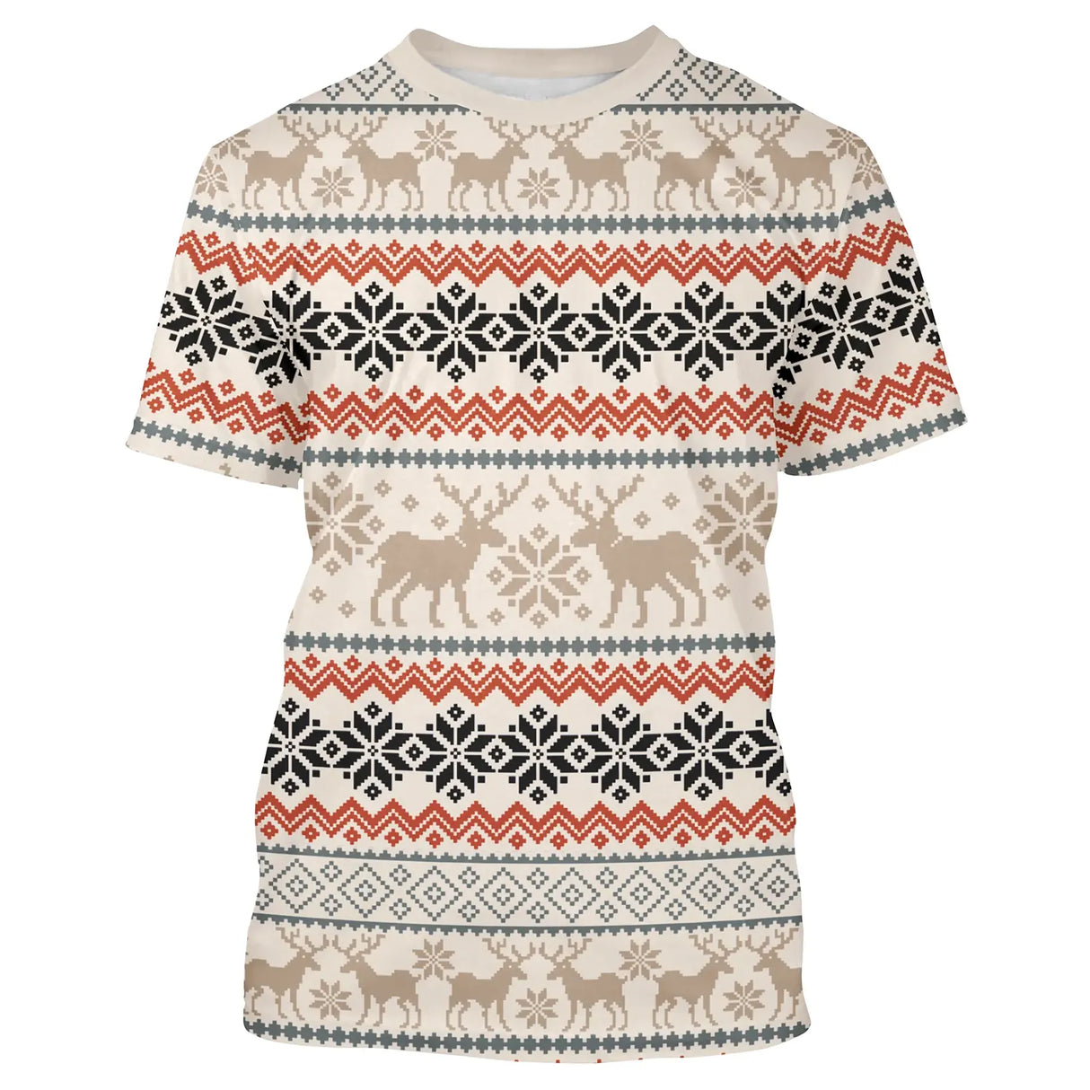 Sweat noël variante avec jacquard nordique beige et orange avec motifs rennes et flocons