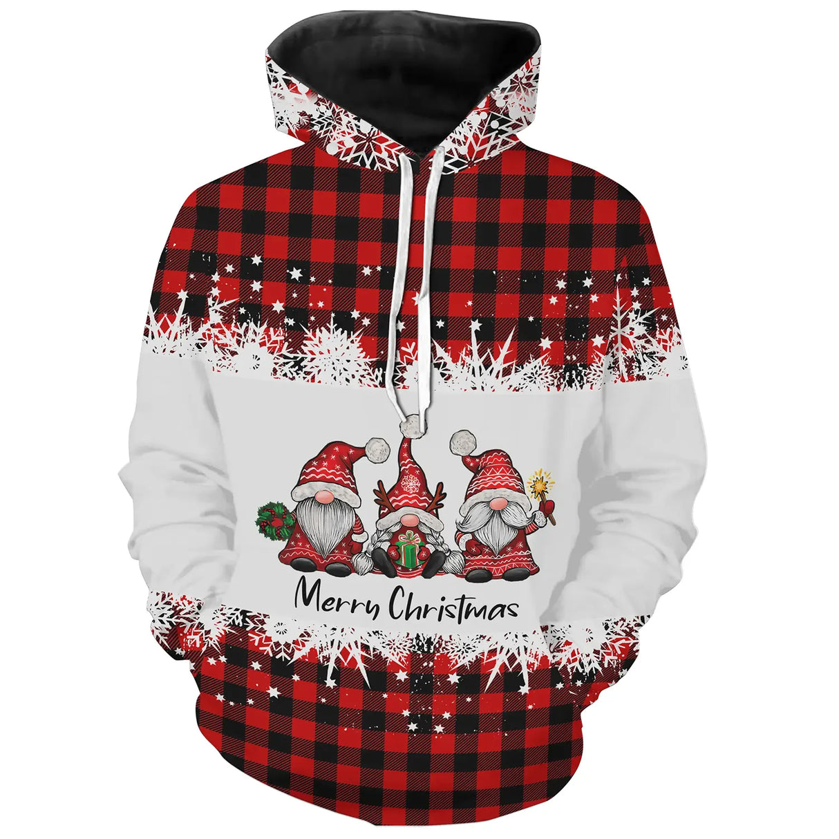 Sweat noël unisexe tartan rouge avec trois gnomes et inscription Merry Christmas