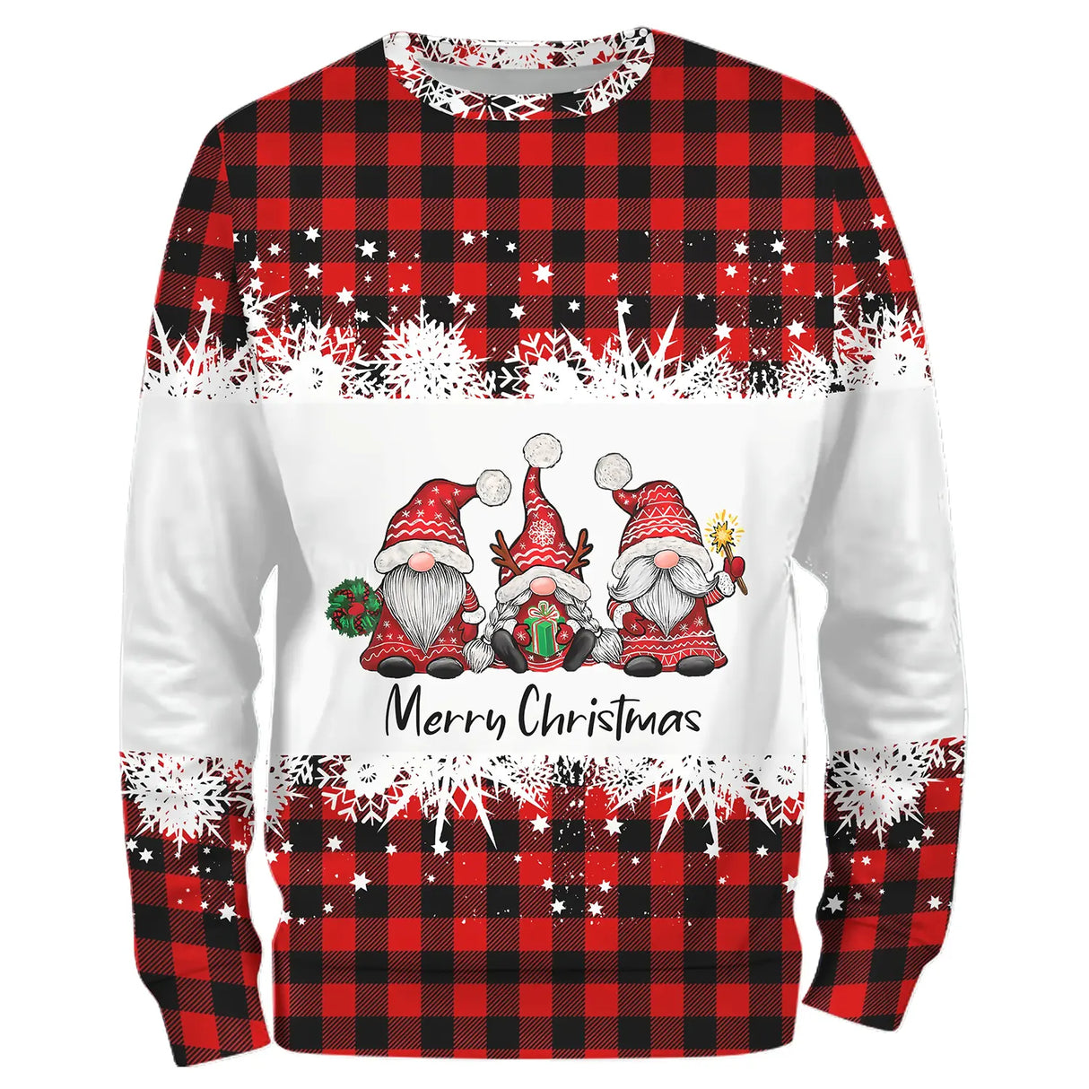 Sweat noël variante avec tartan rouge avec trois gnomes et inscription Merry Christmas