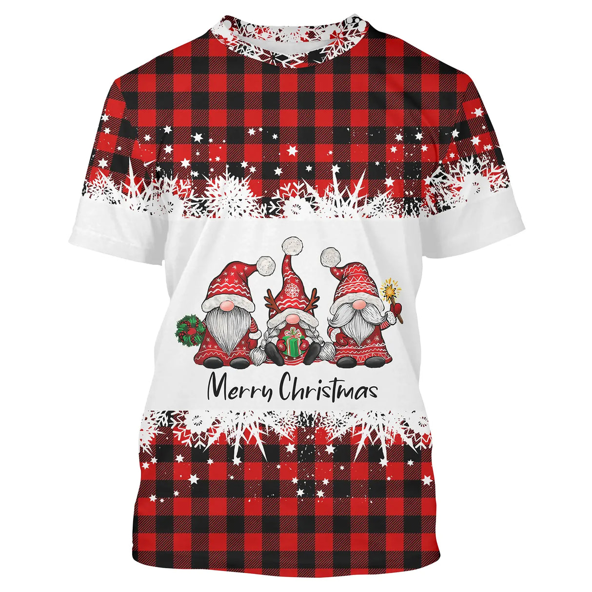 Pull noël variante festive tartan rouge avec trois gnomes et inscription Merry Christmas