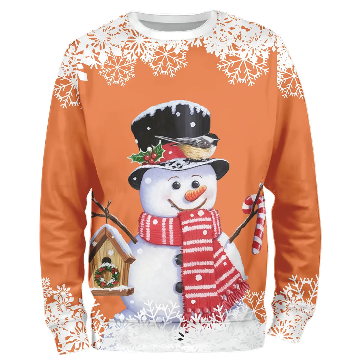 Sweat à Capuche Hiver Joyeux – Bonhomme de Neige Charmant avec Oiseau et Décor Neigeux - CT04112346 Sweater All Over Unisexe