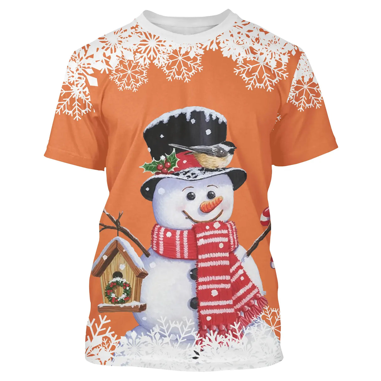 Pull noël variante festive orange avec bonhomme de neige charmant, oiseau et maisonnette