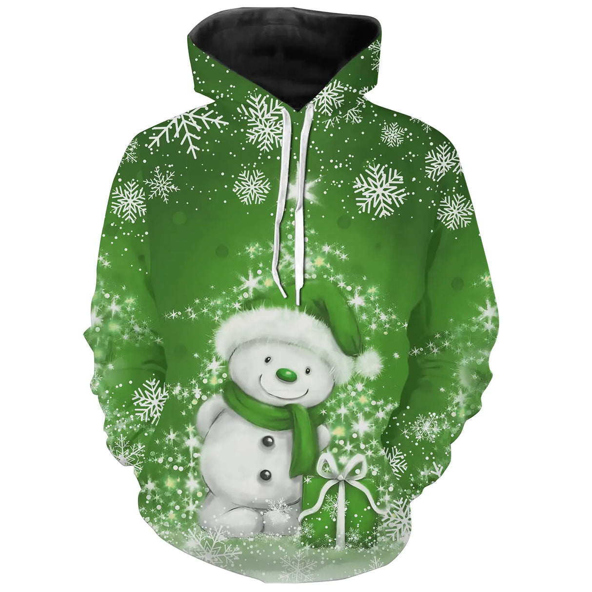 Sweat noël unisexe vert avec petit bonhomme de neige enjoué et cadeau