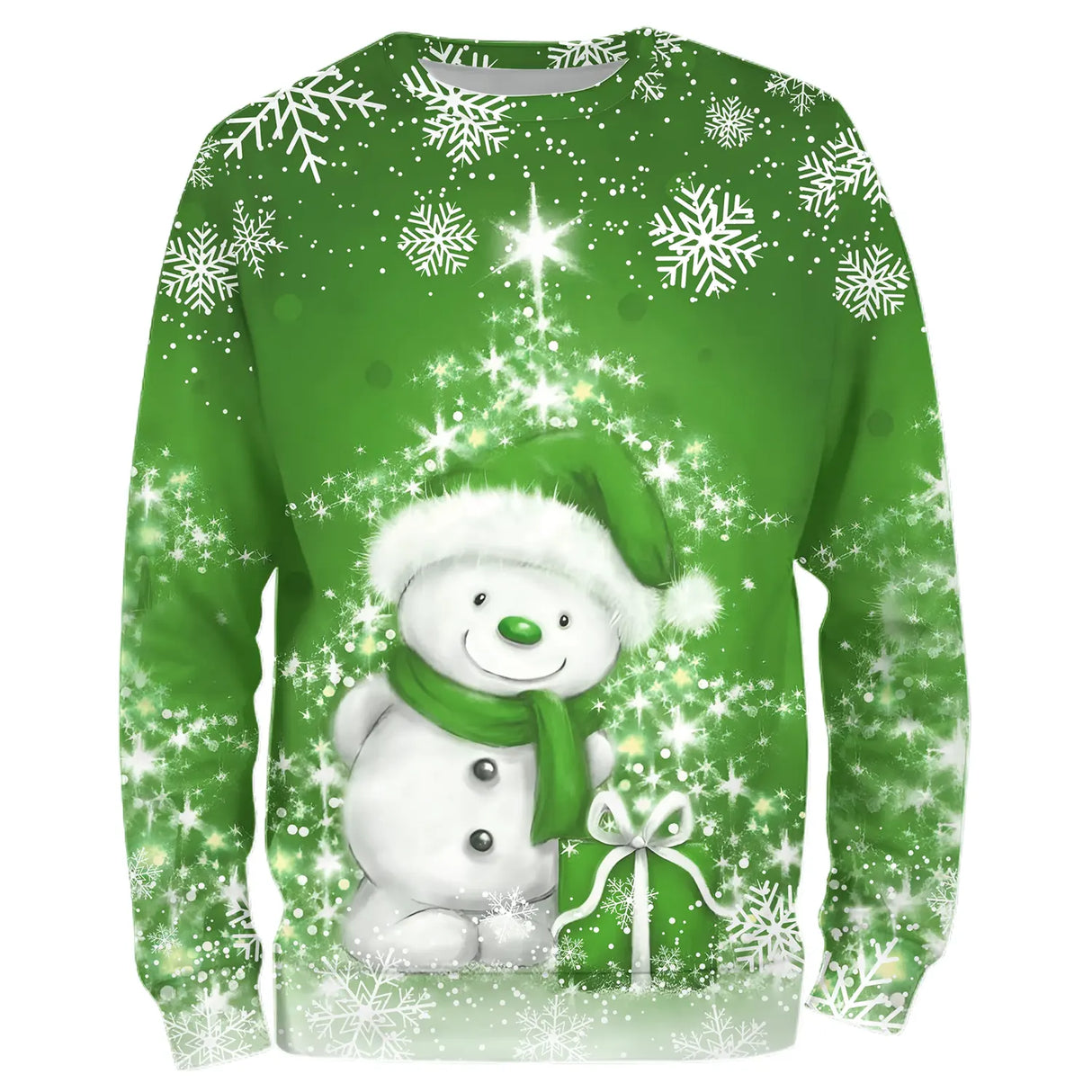 Sweat noël variante avec vert avec petit bonhomme de neige enjoué et cadeau
