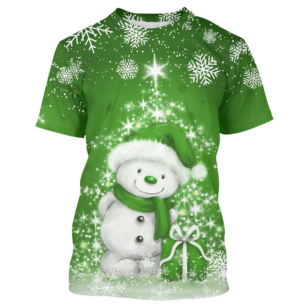 Pull noël variante festive vert avec petit bonhomme de neige enjoué et cadeau