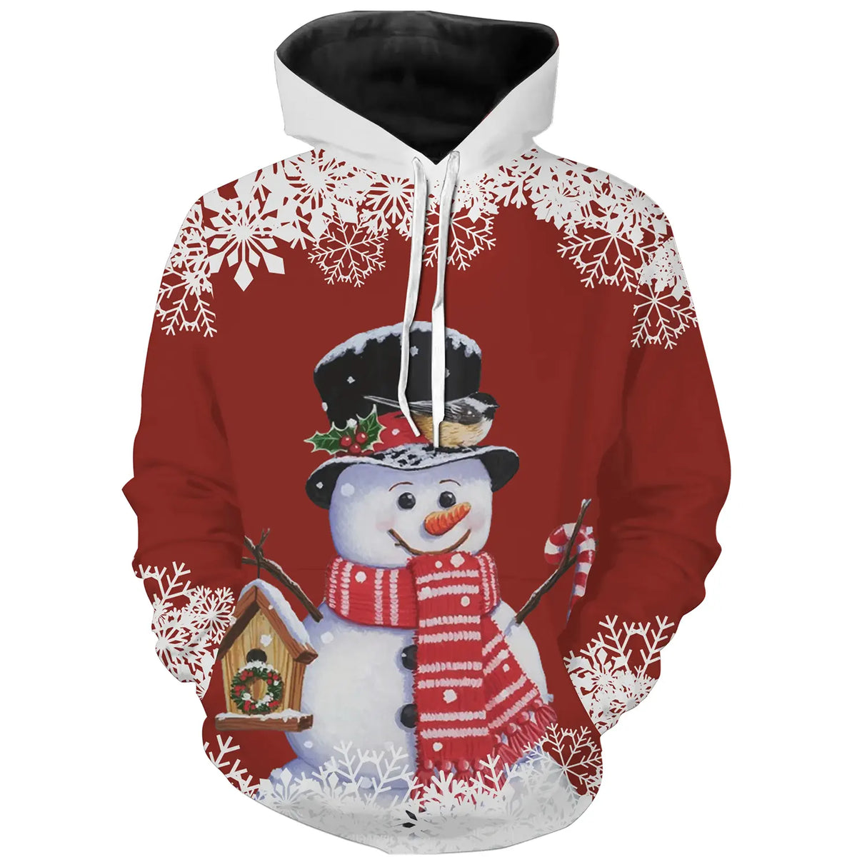 Sweat noël unisexe rouge avec bonhomme de neige et accessoires de saison