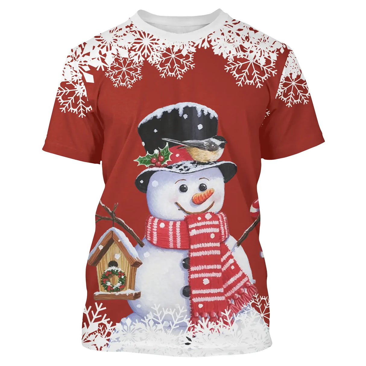Pull noël variante festive rouge avec bonhomme de neige et accessoires de saison