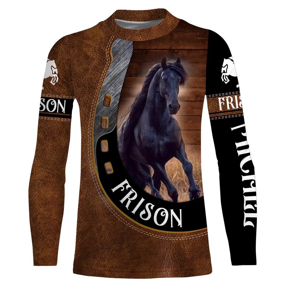 Manches longues anti-UV cheval Frison cuir brun avec frison noir lettrage FRISON