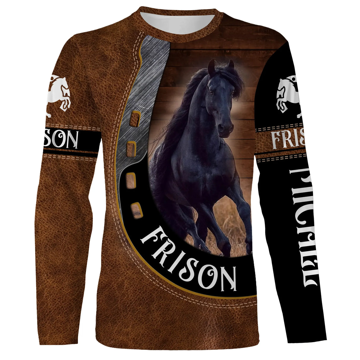 Manches longues cheval Frison effet cuir brun frison noir au galop fer à cheval all-over