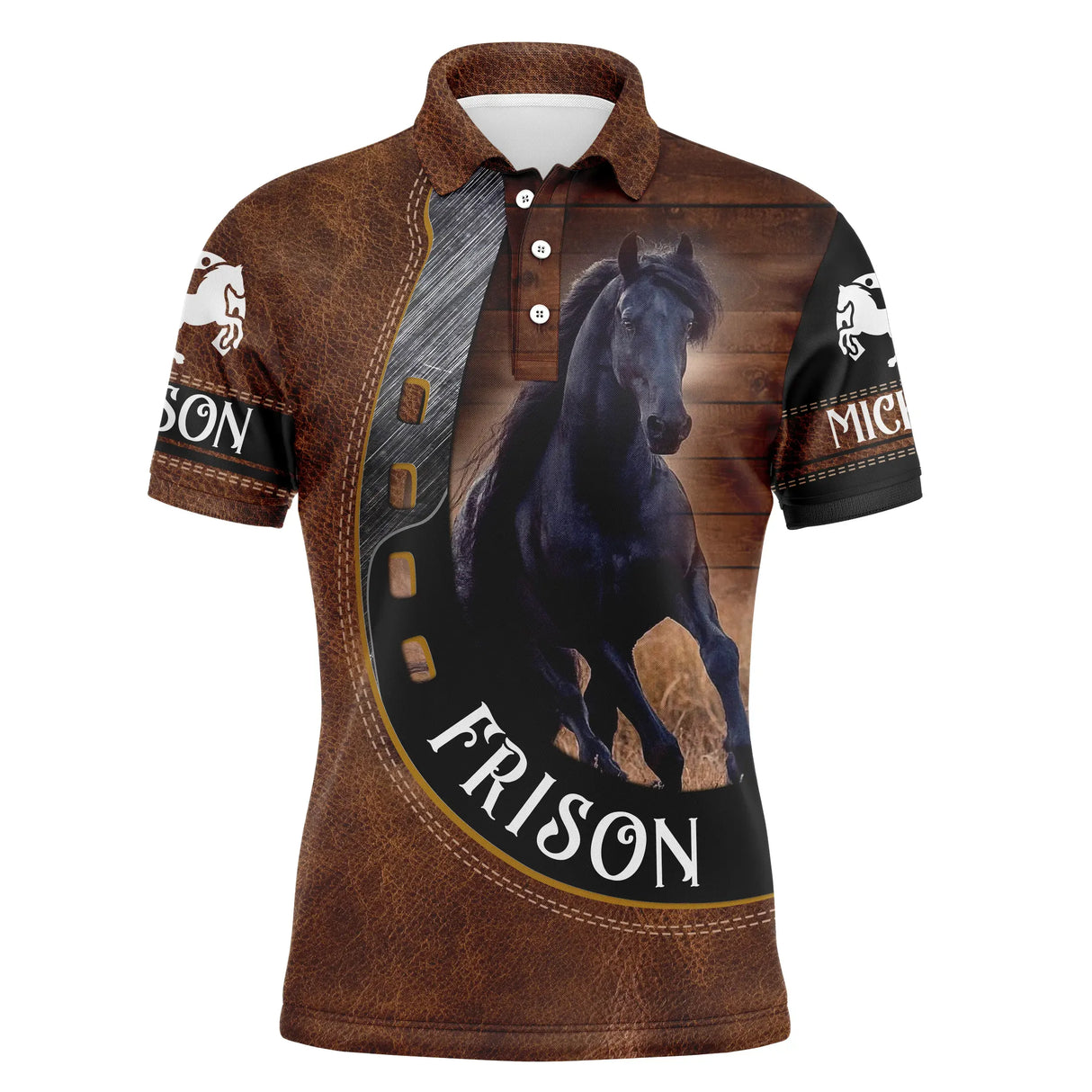 Polo équitation homme cheval Frison effet cuir brun avec frison noir au galop et lettrage FRISON