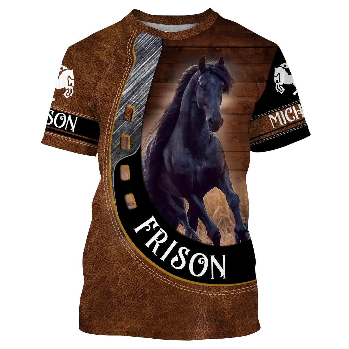 T-shirt cheval Frison personnalisé all-over effet cuir brun avec frison noir au galop et fer à cheval
