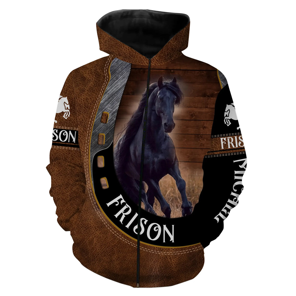 Sweat zippé all-over cheval Frison cuir brun frison noir coupe unisexe