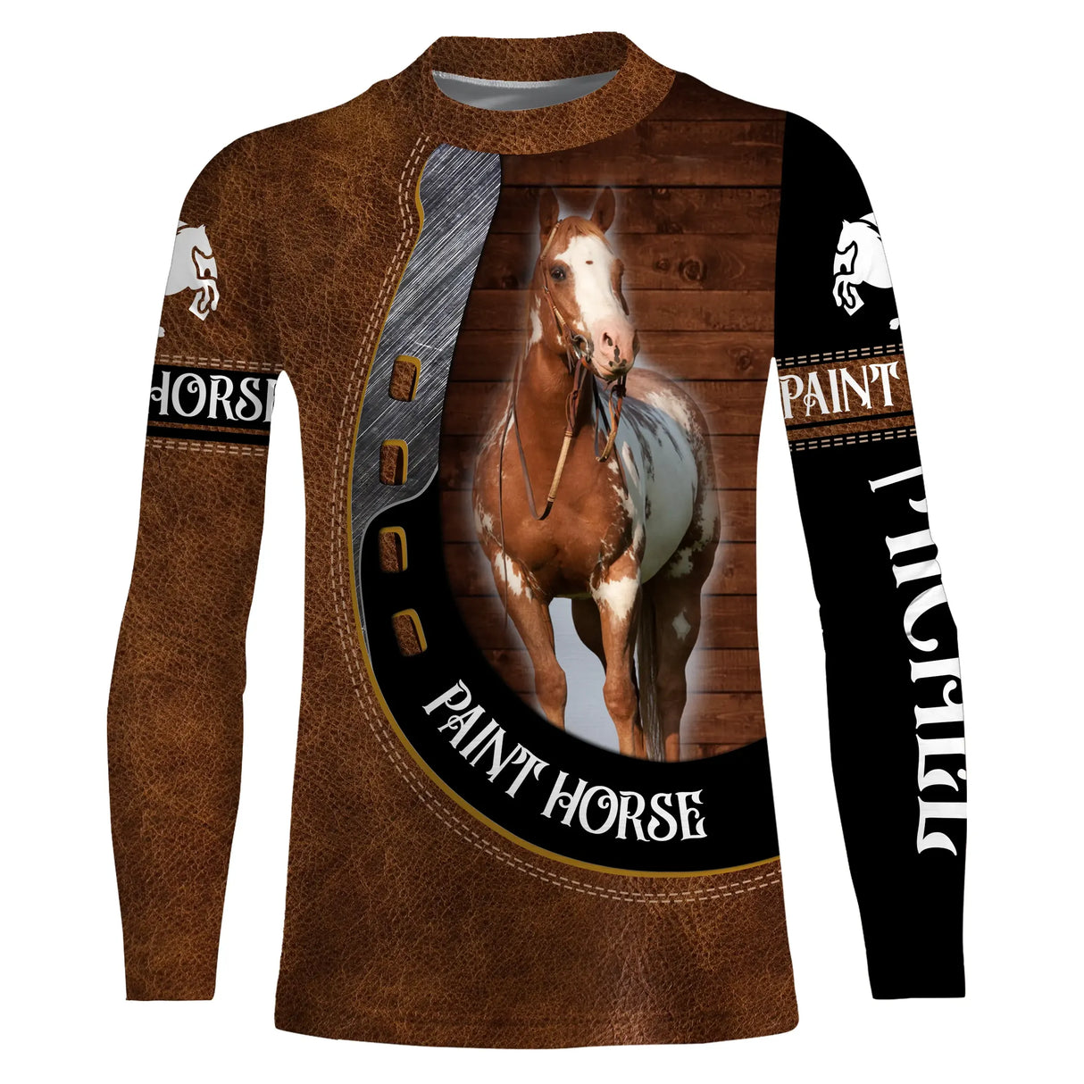 Manches longues anti-UV Paint Horse cuir brun avec Paint Horse pie lettrage