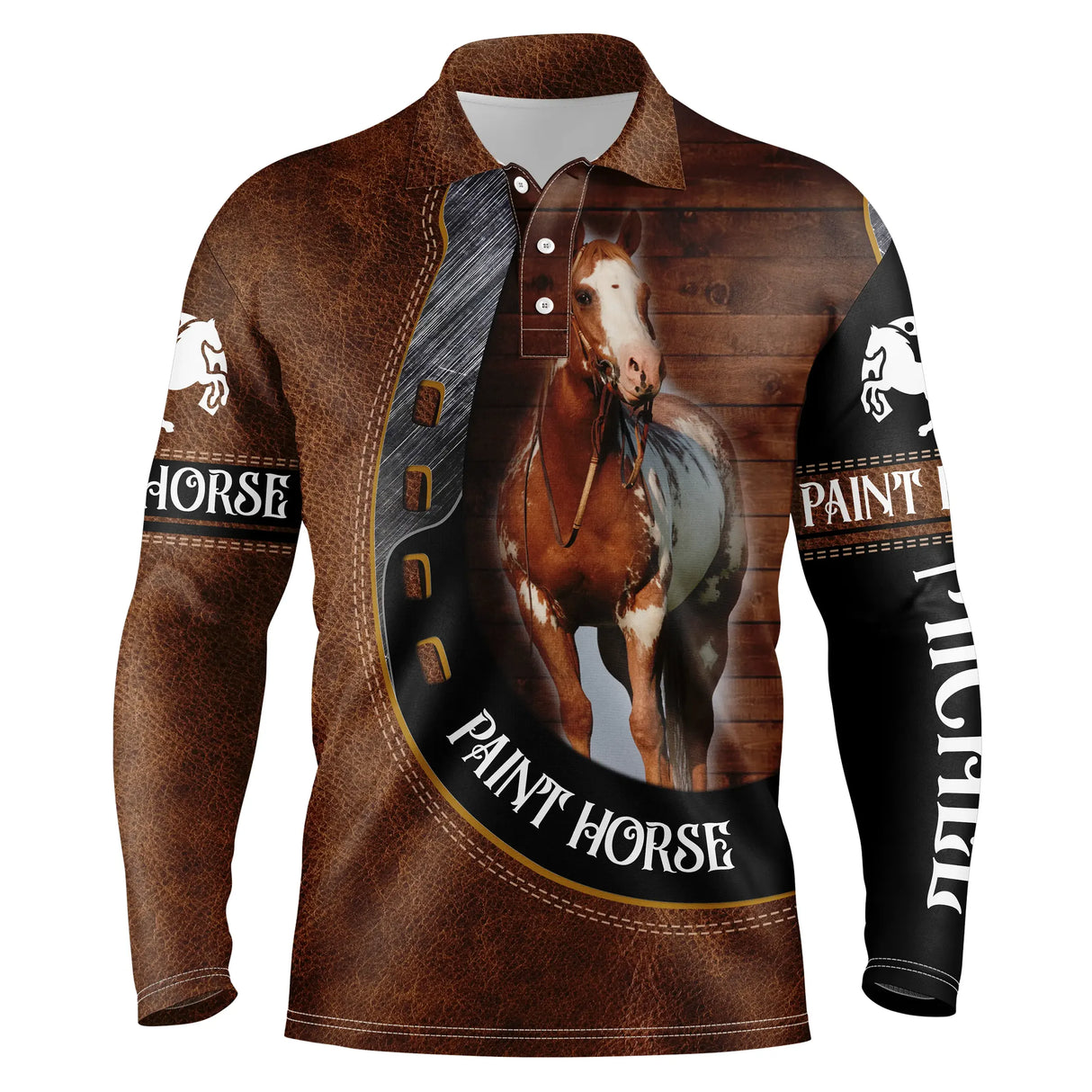 Polo équitation manches longues unisexe Paint Horse effet cuir brun pie western