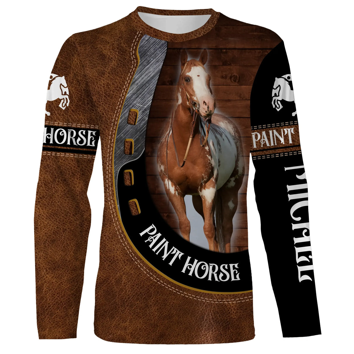 Manches longues cheval Paint Horse effet cuir brun pie marron blanc fer à cheval all-over