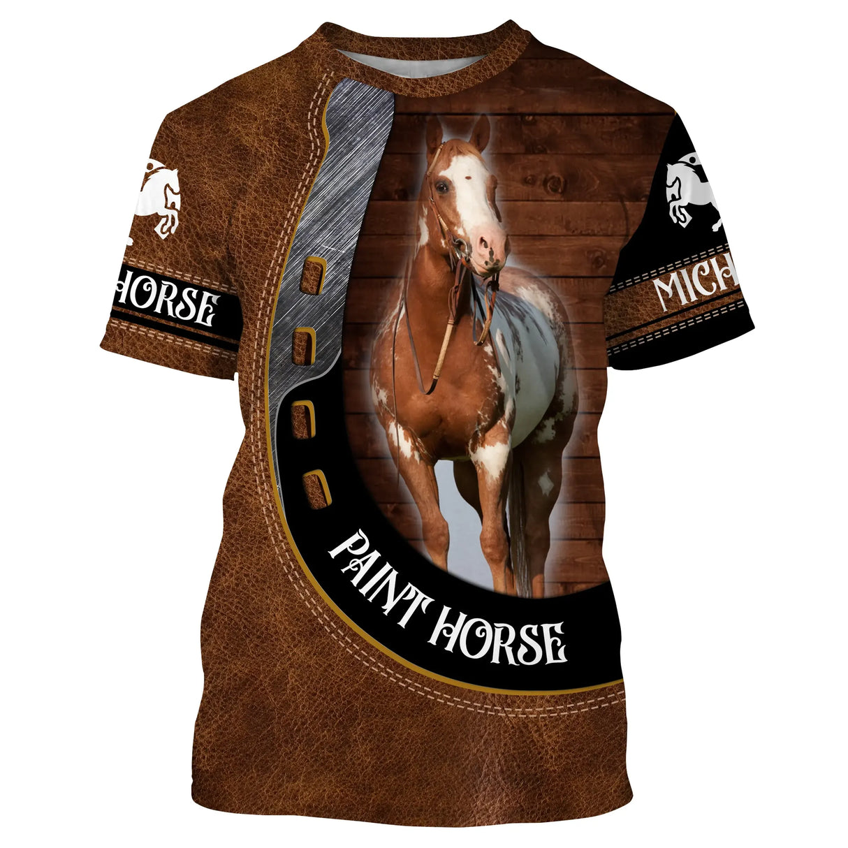 T-shirt cheval Paint Horse personnalisé all-over effet cuir brun avec Paint Horse pie marron blanc fer à cheval