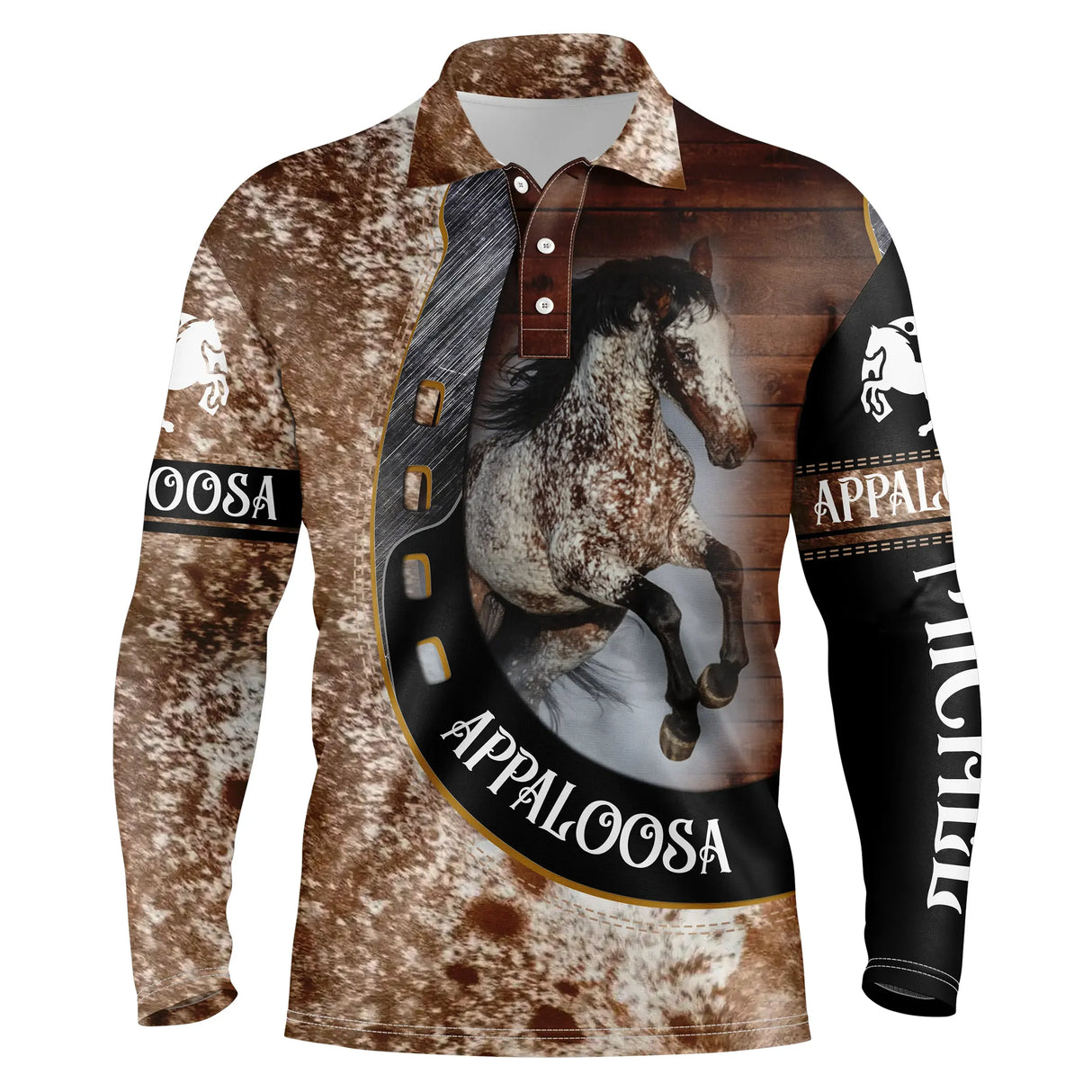 Polo équitation manches longues unisexe Appaloosa effet cuir tachetée Appaloosa cabrée