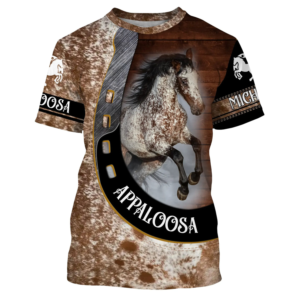 T-shirt cheval Appaloosa personnalisé all-over effet cuir tachetée avec Appaloosa cabrée et fer à cheval