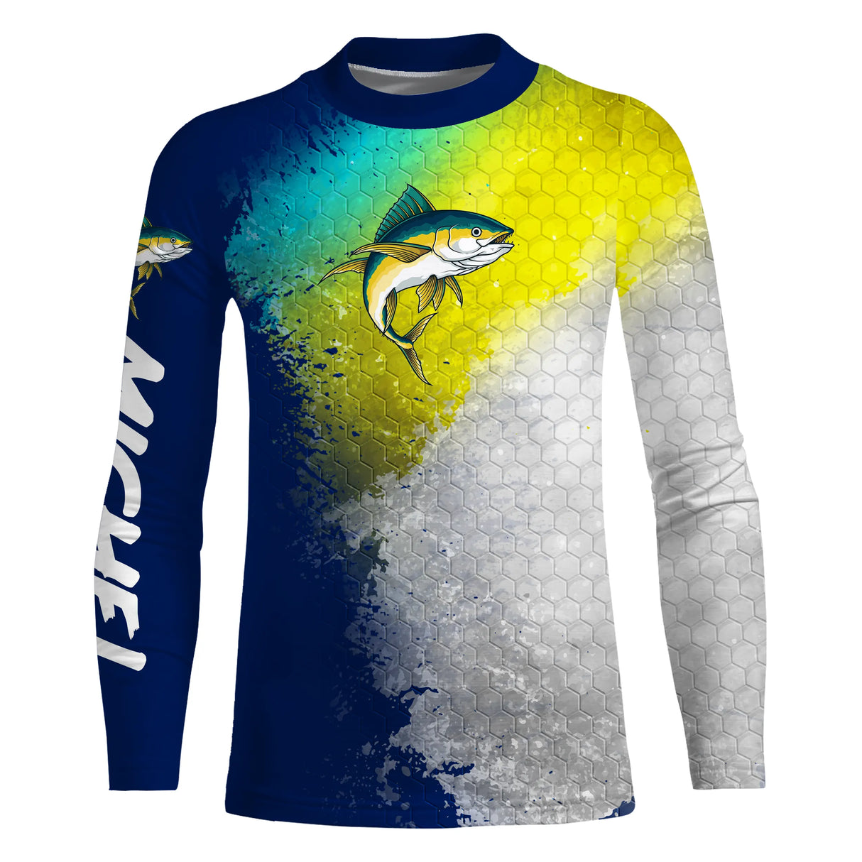 Tee shirt anti UV pêche thon vue dos, motif thon en action et éclaboussures, vêtement technique pêcheur en mer