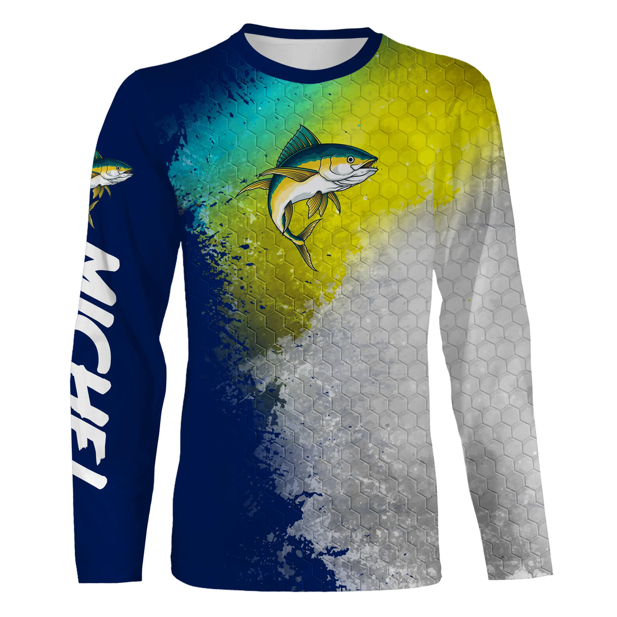 T-shirt manches longues pêche thon jaune et bleu, prénom brodé manche, vêtement halieutique unisexe