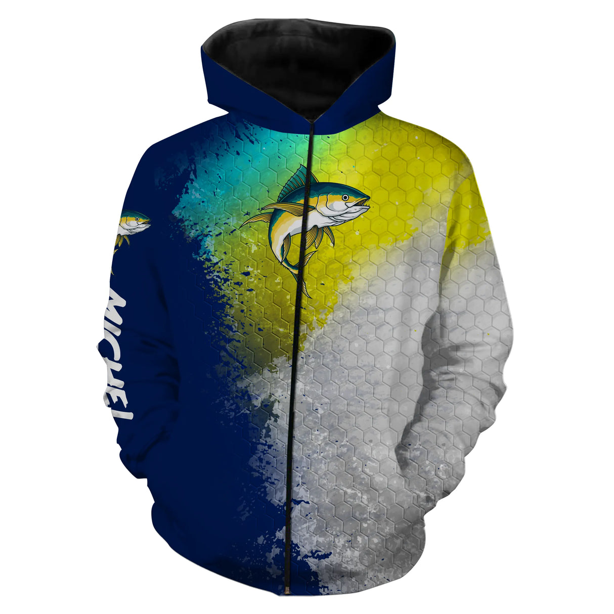 Polo zippé manches longues pêche thon jaune et bleu, tenue technique pour skipper et guide pêche en mer personnalisée