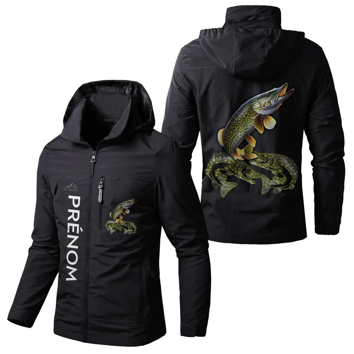 Veste imperméable pêche noire avec capuche, brochet vert et inscription, prénom personnalisé