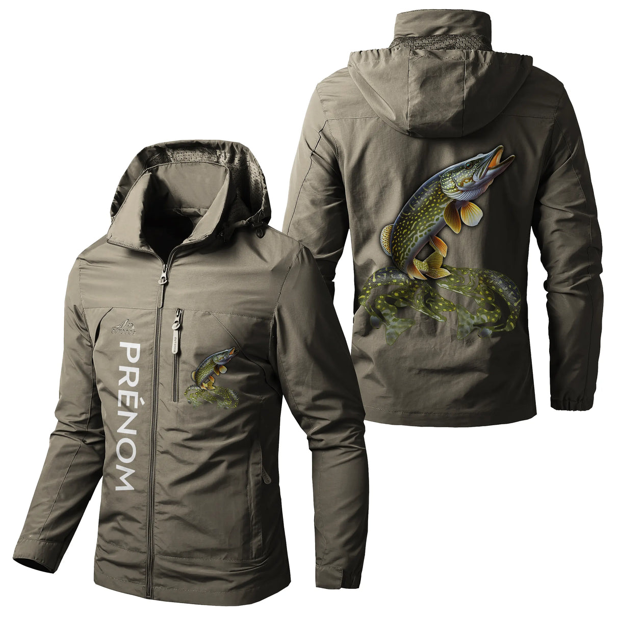 Veste imperméable pêche kaki avec capuche, motif brochet et écusson de pêche, prénom personnalisé