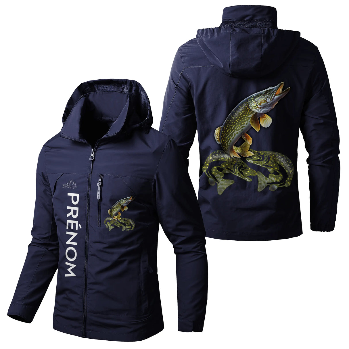 Veste imperméable pêche marine avec capuche, illustration brochet en attaque et écusson, prénom personnalisé