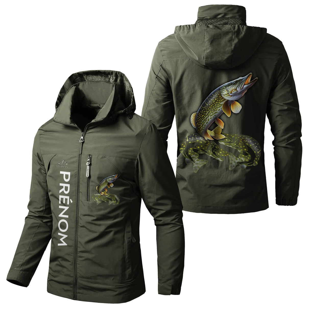 Veste imperméable pêche vert militaire avec capuche, motif brochet carnassier, prénom personnalisé