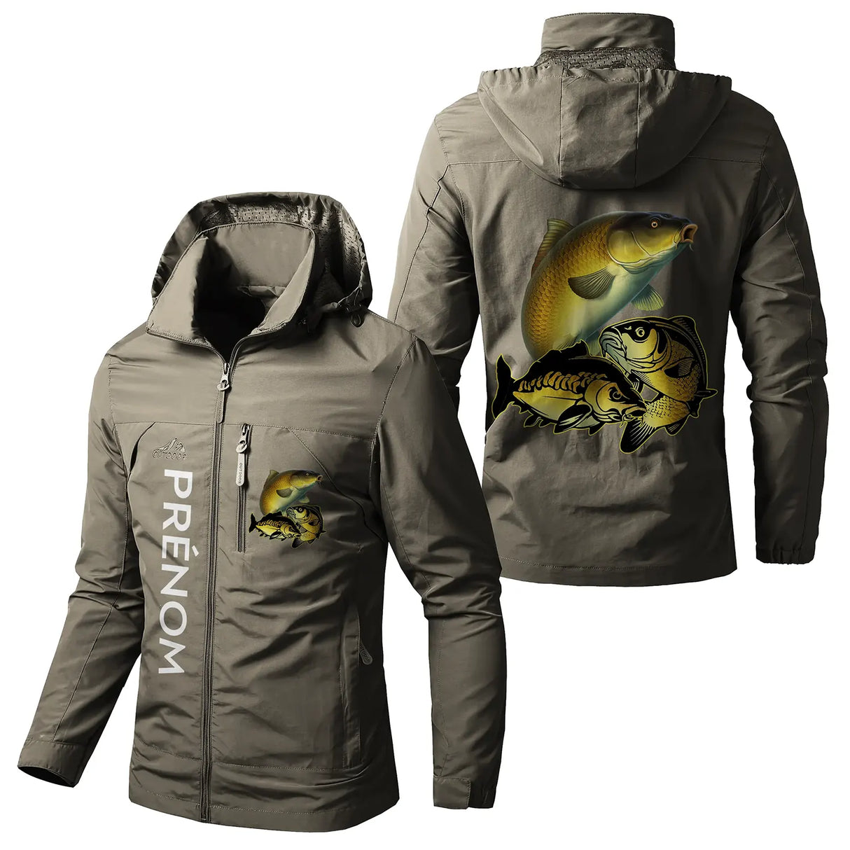 Veste imperméable pêche marine avec capuche, motif carpe doré, prénom personnalisé
