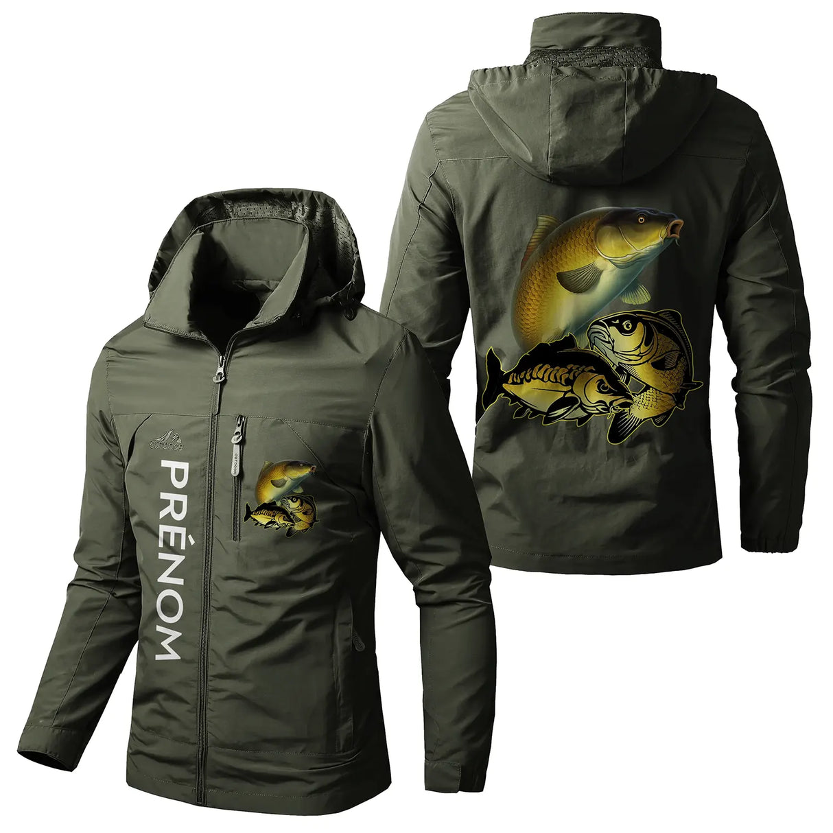 Veste imperméable pêche kaki avec capuche, motif carpe et inscription, prénom personnalisé