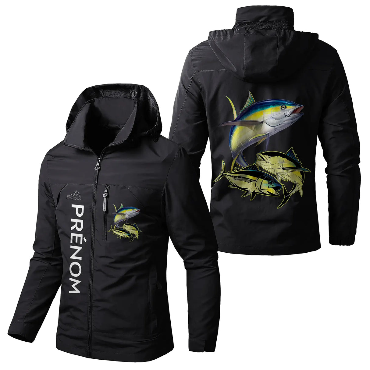Veste imperméable coupe-vent pêche noire avec capuche, motif thon jaune, prénom personnalisé