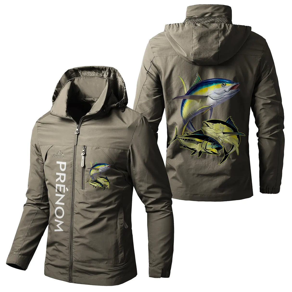 Veste imperméable coupe-vent pêche vert militaire avec capuche, thon stylisé, prénom personnalisé