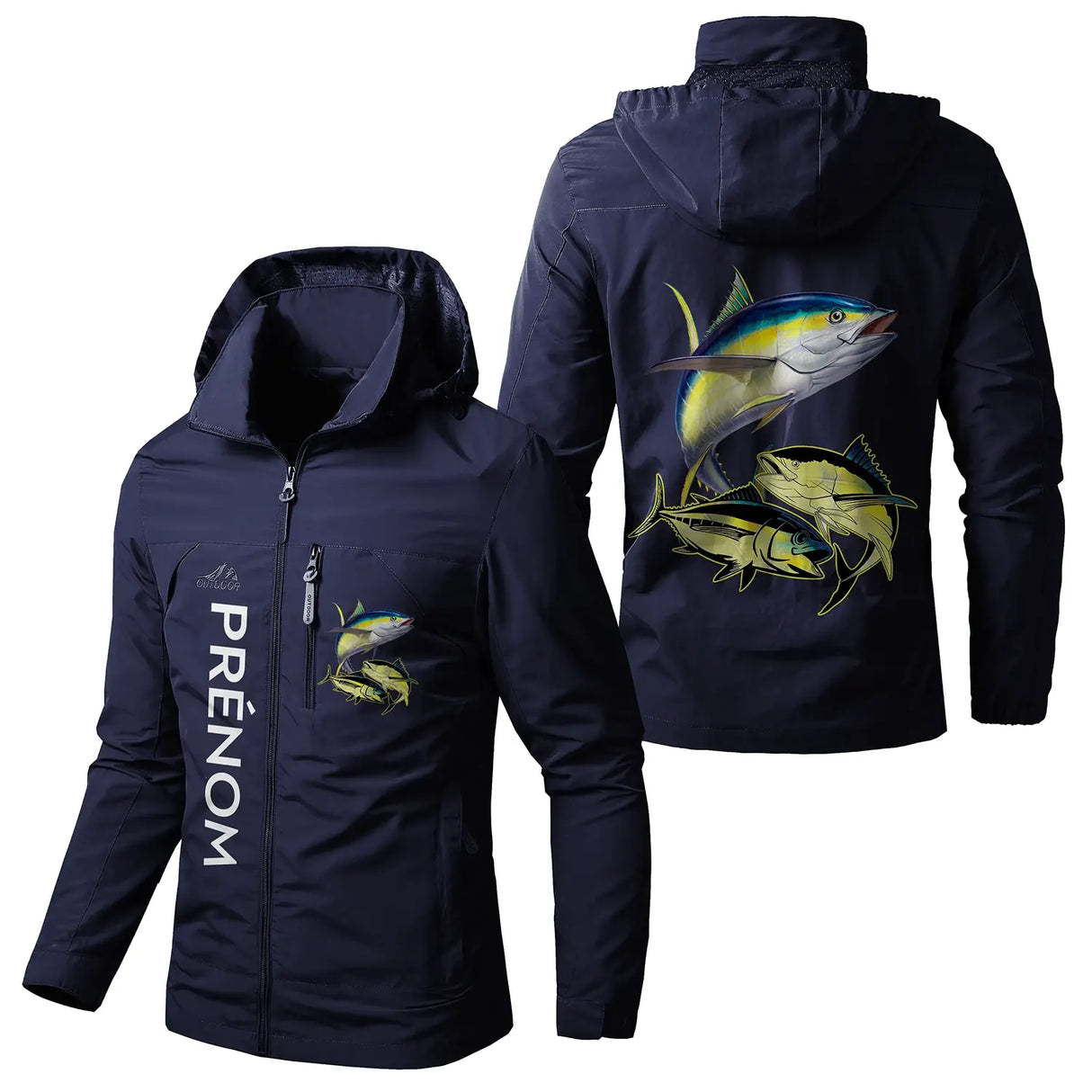 Veste imperméable coupe-vent pêche marine avec capuche, illustration thon jaune et bleu, prénom personnalisé